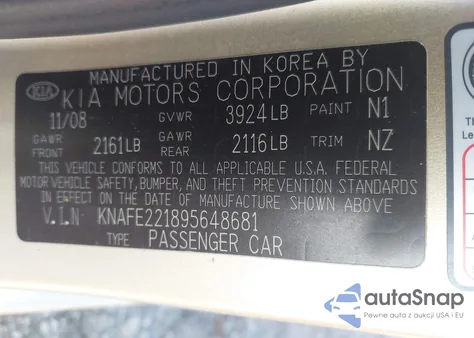 2009 Kia Spectra Ex/Lx/Sx from USA, damaged, VIN KNAFE221895648681